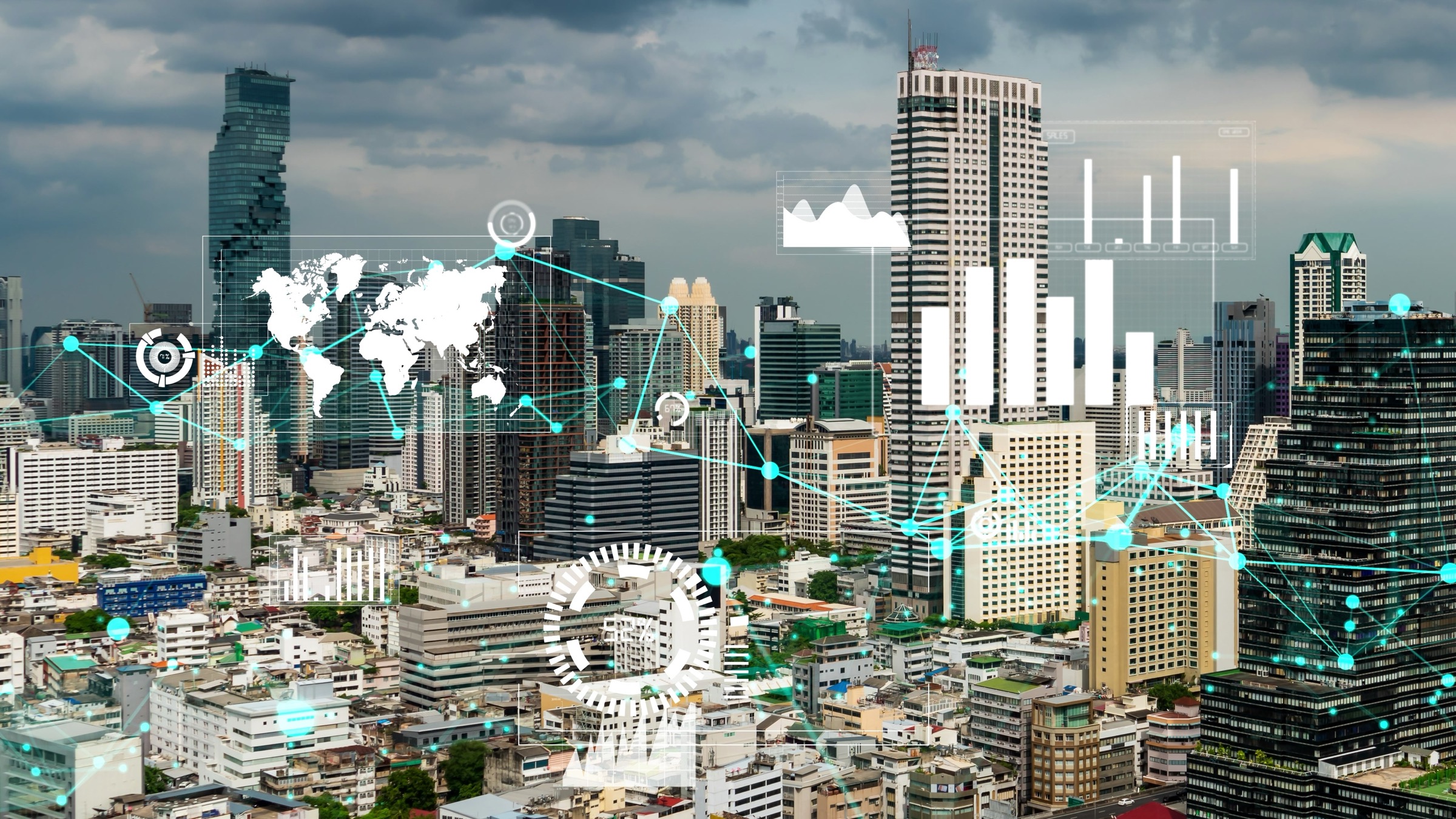 A city viewed from above with restrained analytical overlays